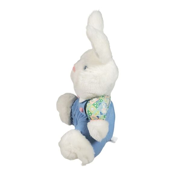SKM Bunny Rabbit Plush Sitting White Furry Blue Overalls Spring Easter Vintage - Picture 3 of 11